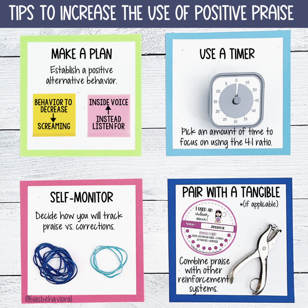 Graphic depicting four tips for increasing positive praise. 